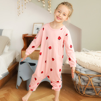 Childrens conjoined pajamas female baby girl long sleeve cotton Child 1 big child anti-Kick 2-3 years old spring and autumn anti-cold