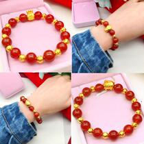 Zhou Dafu Huan Meijin 24k18K Gold Gold Ornaments Women Petty Gold Pig Fu Bags Red Agate Transfer Beads Hand Chain Gold Jewelry