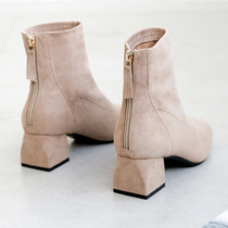 Small booties womens 2020 new autumn and winter suede burst section square head thick heel net red womens shoes medium heel thin boots