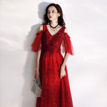 v-neck toast dress 2021 summer thin red large size wedding dress bride modern long engagement back door dress