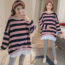 2020 fat plus size maternity sweater spring top suit fat MM Korean version loose stripe tide 200 pounds