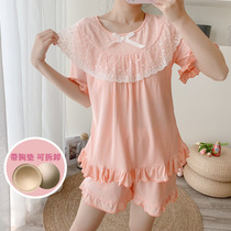 Short-sleeved pajamas womens summer with chest pad pure cotton lace princess sweet cute girl modal home service suit