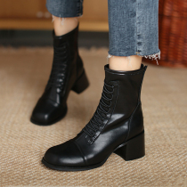 Hong Kong leather high-heeled booties womens autumn 2021 new fashion wild British rough-heeled Martin boots ins tide