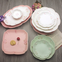 Creative cherry blossom ceramic disc square plate fish plate steak dish plate dinner plate flat plate hotel home Western plate