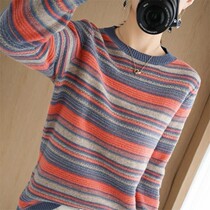 Foreign trade export tail single-cut womens Italian European cashmere sweater womens round neck striped sweater color sweater