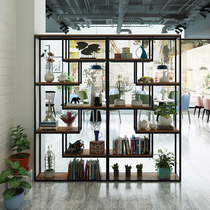 Wrought iron solid wood partition bookshelf Multi-layer floor-to-ceiling display American retro Industrial style living room partition shelf