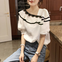 Lace top women's chiffon shirt white short sleeve bubble sleeve short sleeve foreign style new summer 2022 European station