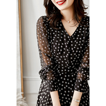 Black polka dot silk mulberry silk dress spring and summer waist thin V-neck temperament French light cooked style long skirt