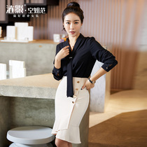 Clearance 6 fold chiffon shirt female design sense niche long sleeve black shirt long sleeve white collar work clothes two pieces