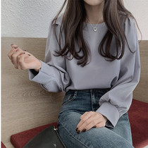 2022 Spring and autumn new Korean version simple round collar loose pure color 100 lap long sleeve shirt female blouse design feeling little crowdsourced