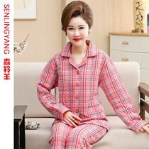 Mom autumn and winter long sleeve thin cotton pajamas middle-aged lady cotton thick laminated air cotton home suit suit