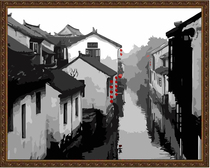 Handmade diy digital oil painting Chinese style living room landscape Hand-painted ink painting Jiangnan water town decompression coloring decorative painting