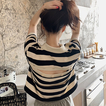 Striped short sleeve t-shirt woman 2022 short section European and American Ins women design feeling relaxed Korean version foreign air polo collar blouses