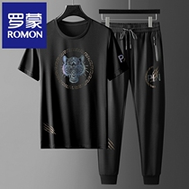 High-end Casual Sports Suit Mens Summer Slim Fashion Tiger Head Bronzed Light Luxury Men Short Sleeve T-shirt Two Sets