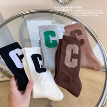 Socks womens middle tube socks autumn and winter net red big C letter stockings ins tide Korean college style wild high socks