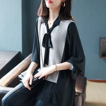 Baoshili fake two loose shirts Chiffon knitted long-sleeved shirt womens 2021 new foreign style autumn top