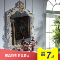 (exhibit) European-style solid wood baroque style carved vintage crack lacquer with gold leaf cosmetic mirror wearing mirror