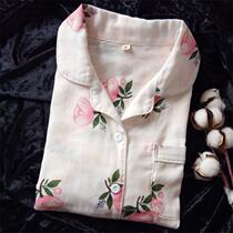 Japanese cotton gauze pajamas womens spring and autumn long-sleeved double-layer yarn cute summer thin large size home wear suit
