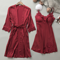 Pajamas female spring and autumn long sleeve two-piece silk suspender robe couple pajamas male size red wedding gown