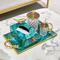 High-end green agate pattern flow gold tissue box tray storage tank set Living room model room home soft decoration