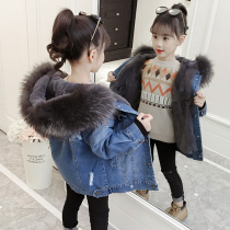 Korean girl coat plus velvet thickened autumn and winter clothes 2021 new childrens foreign style denim Korean version of Parker clothing childrens clothing