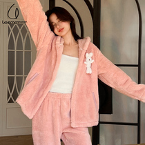 Laemayny flannel thickened pajamas woman 2022 autumn and winter new coral fluff sweater warm home suit