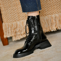 Martin boots female English style 2021 Winter new leather thick heel lace spring and autumn single boots children Middle heel short boots