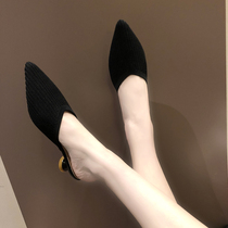 Korean version of small pointed head Baotou half-tow with 2021 spring new black wild chic tide wear Net red Muller shoes