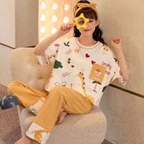Upscale quality cotton new sleepwear female summer short sleeve long pants student cute cartoon sweet and beautiful home conserved two suits