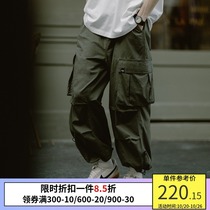 PSO Brand multi-pocket overalls pants Tide Brand drawstring tie pants mens summer pants thin casual trousers