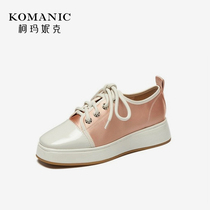 Komanic thick-soled lace-up leather platform shoes 2022 summer new style cow patent leather round toe wedge low-top shoes