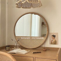 Round makeup mirror Solid wood decoration Indoor bedroom Hotel Retro home Nordic hanging bathroom mirror Bed and breakfast entrance