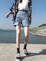 South Korea hole five denim shorts women high waist 2021 summer New loose thin light blue straight middle pants
