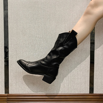 Autumn and winter 2021 New thick-heeled mid-heel Joker retro style mid-boots Pointed Western cowboy Knight boots female