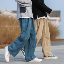 Spring new ins trend wide leg pants mopping pants mens Japanese Harajuku style corduroy loose straight casual pants