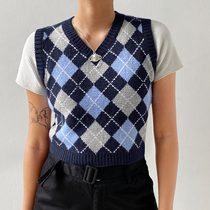 H home retro British style Tibetan blue College v-collar diamond grid outside wearing knitted sweater vest female slim autumn