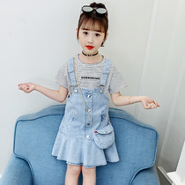 Girls Strap Dress Summer Suit 2021 Strap Short Sleeve suit skirt Large childrens casual childrens denim strap dress