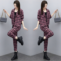 Fashion suit pants womens spring 2021 new womens age reduction and thin Western style plaid two-piece drawstring pants suit