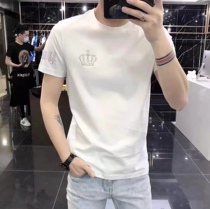 European station 2021 summer new Crown hot drill short sleeve mens slim T-shirt Tide brand mens half sleeve body shirt silk