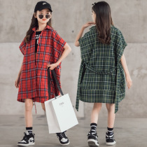 Medium and large childrens plaid three-piece set 2021 summer girls medium and long cloak bat cardigan fashion five-point pants set