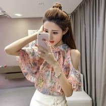 2020 summer dress loose thin ladies foreign style small shirt flower strapless bat sleeve chiffon shirt short sleeve Super fairy on