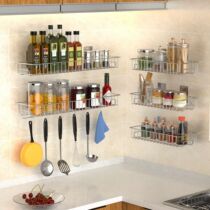 Kitchen seasoning rack stainless steel non-perforated wall condiment oil salt sauce vinegar with adhesive hook storage bathroom rack