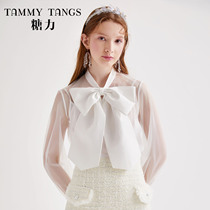 Sugar Force White Sweet butterfly knot Ribbon Decorated Shirt Woman Long Sleeve Light Slim Pivot Mesh Veil Cardiovert Blouse