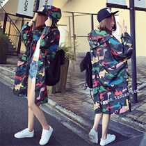 Tide brand spring and summer UV sunscreen clothing female long student camouflage hooded trench coat jacket loose coat thin