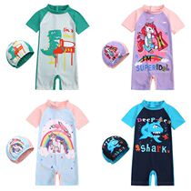 2022 Summer New paragraph Children cute one-piece swimsuit male and female short sleeve swimsuit baby with cap swimsuit tide