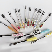 Fruit fork set creative Cute ceramic stainless steel small fork household fruit cake fork