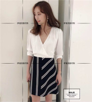 Jiayi fadai maje 19 spring and summer stitching slim short skirt V-neck long-sleeved striped dress e19rolim