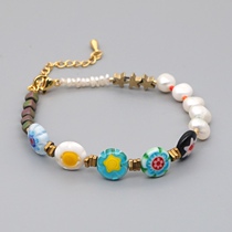 Simple personality summer bohemian style thousand color glazed flower beads fresh water pearl handmade beaded small bracelet female