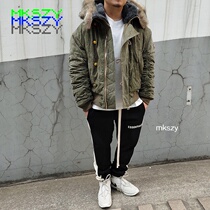 MKSZY independent Readymade style army cloth wolf fur collar fur N2B flying jacket warm cotton coat