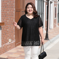 Hollow lace shirt Womens large size short sleeve loose thunder T-shirt long fat mm200 kg fat fat mother